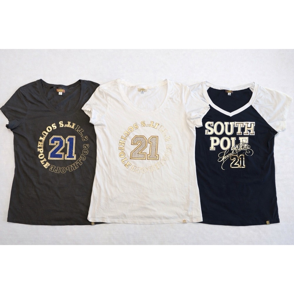Southpole Womens T Shirt Lot 3 Size 2XL Graphic Rhinestone Y2K Style Tops